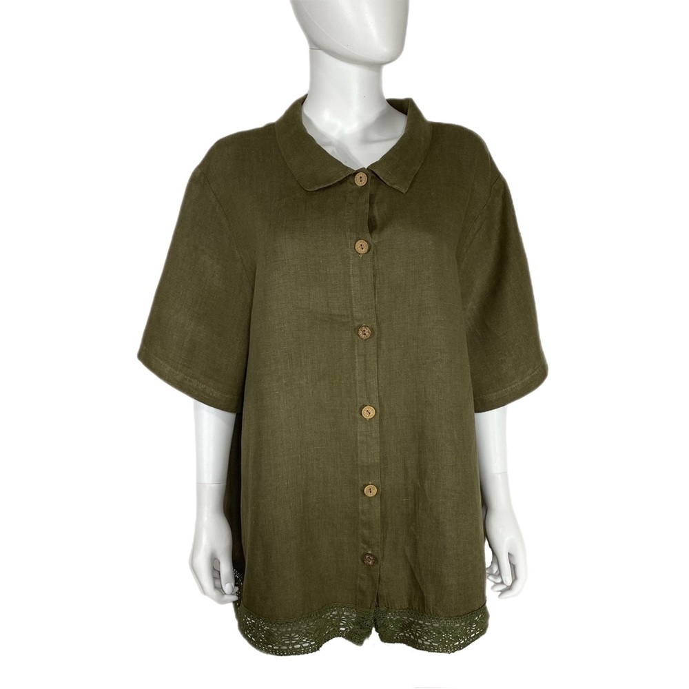 Hot Cotton by Marc Ware Linen Lagenlook Khaki Green Short Sleeve Button Down